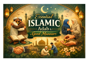 Illustration of Islamic Adab and good manners showing respect, charity, and kindness.