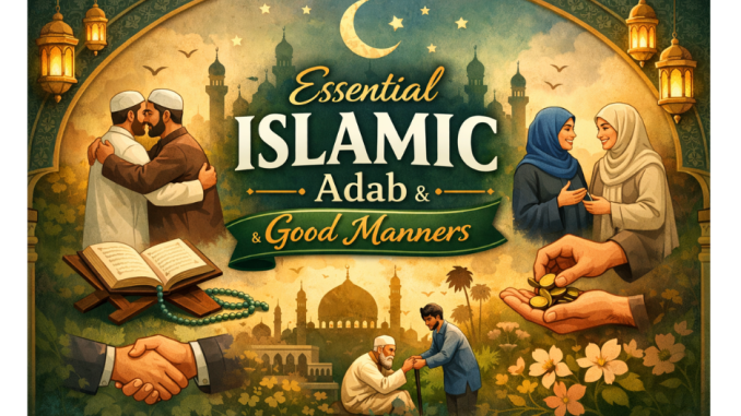 Illustration of Islamic Adab and good manners showing respect, charity, and kindness.