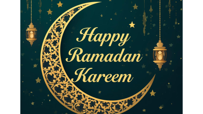 Ramadan Kareem with crescent moon and lanterns