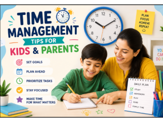 Mother helping child study with time management and planning icons.